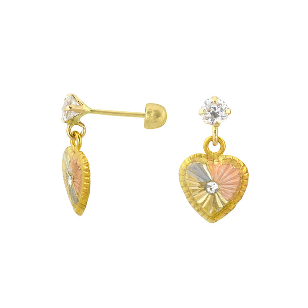 10k Gold Dangle Heart Earrings with Screwbacks Tri Color Yellow White Rose Gold - Jewelryland.com