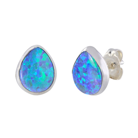 Sterling Silver Opal Gemstone Earrings Navy Blue Green Pear-Shaped 9mm x 7mm - Jewelryland.com