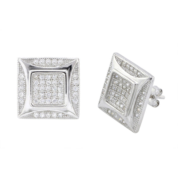 Mens Sterling Silver Square Stud Earrings Pave CZ Silver Kite Shape Design 13mm - Jewelryland.com