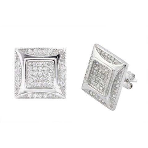 Mens Sterling Silver Square Stud Earrings Pave CZ Silver Kite Shape Design 13mm - Jewelryland.com