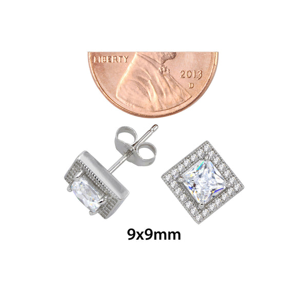 Sterling Silver Square Halo Cubic Zirconia Stud Earrings Micropave 9mm x 9mm - Jewelryland.com