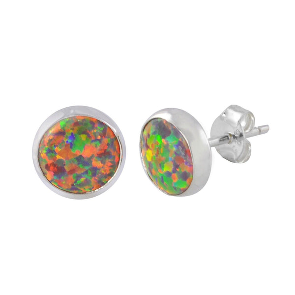Opal Earrings Gemstone Sterling Silver Studs Iridescent Orange 9mm Round - Jewelryland.com