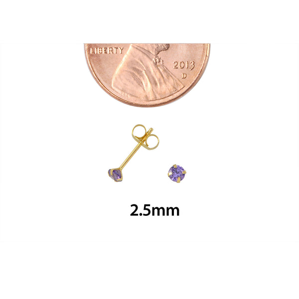 14k Yellow Gold Purple Amethyst Cubic Zirconia Stud Earrings Round Birthstone CZ - Jewelryland.com