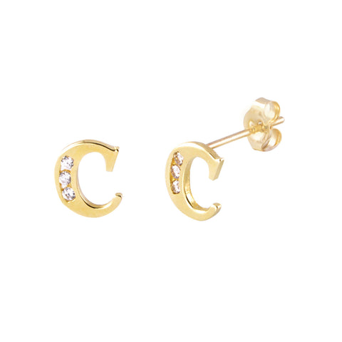 10k Yellow Gold Letter C Initial Stud Earrings Cubic Zirconia 7mm - Jewelryland.com