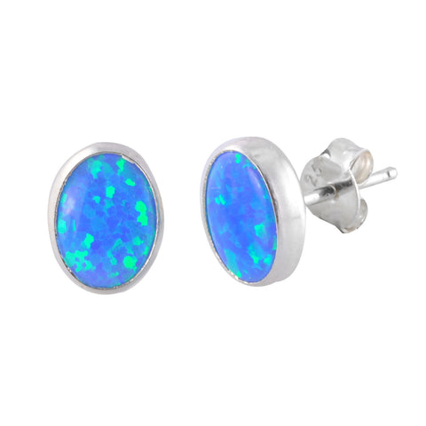 Sterling Silver Blue Green Opal Gemstone Stud Earrings Oval 7mm x 9mm - Jewelryland.com