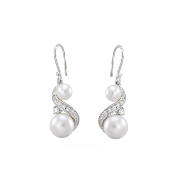 Double White Freshwater Pearl Sterling Silver Dangle Earrings Swirl CZ Accent - Jewelryland.com