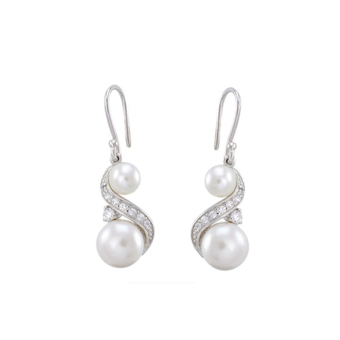 Double White Freshwater Pearl Sterling Silver Dangle Earrings Swirl CZ Accent - Jewelryland.com