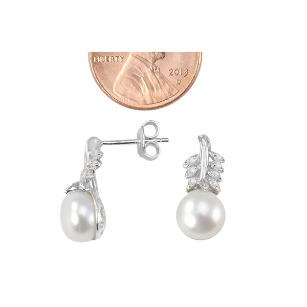 White Freshwater Pearl Earrings White Cubic Zirconia Leaf Design Sterling Silver - Jewelryland.com