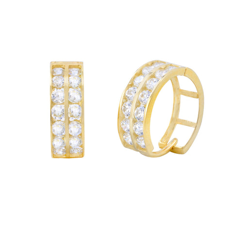 14k Yellow Gold Huggie Hoop Earrings Two Row Cubic Zirconia 13mm x 5mm - Jewelryland.com