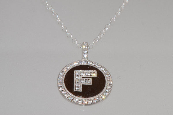 Sterling Silver Letter F Initial Pendant & Necklace CZ Cubic Zirconia micropave - Jewelryland.com