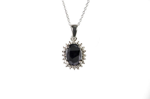 925 Sterling Silver Dark Sapphire and Diamond Necklace 16mm Oval 18 Inch Chain - Jewelryland.com