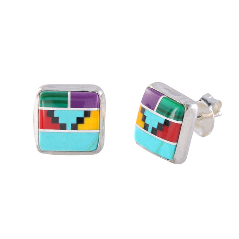 Sterling Silver Gemstone Stud Earrings Turquoise Carnelian Malachite 9mm Square - Jewelryland.com