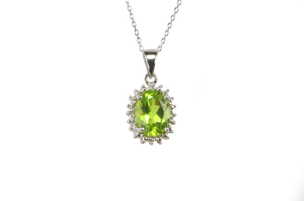 925 Sterling Silver Diamond and Peridot Necklace 16mm Oval 18 Inch Chain - Jewelryland.com