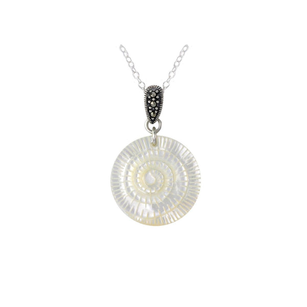 Sterling Silver Marcasite Necklace with Flat Circle Shell Pendant - Jewelryland.com