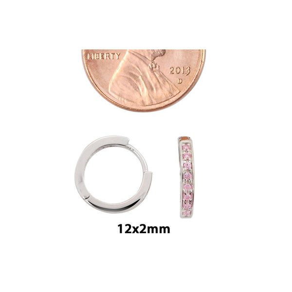 Sterling Silver Hoop Earrings for Girls 1 Row Pink Cubic Zirconia 12mm x 2mm - Jewelryland.com