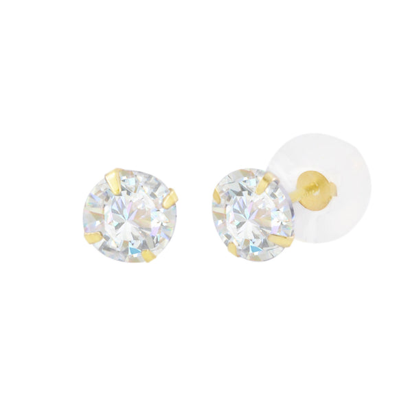 10k Yellow Gold Clear CZ Cubic Zirconia Stud Earrings Round Prong Silicone Backs - Jewelryland.com