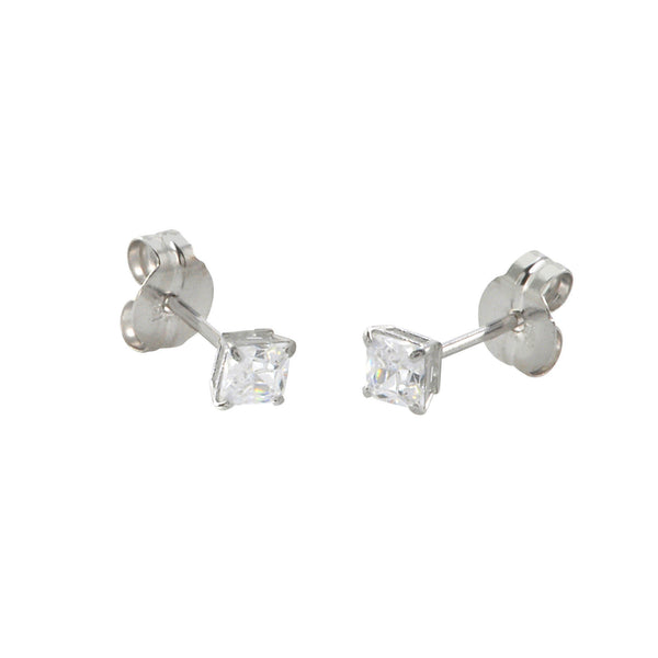 10k White Gold Square Stud Earrings Clear CZ Cubic Zirconia Princess Cut Basket - Jewelryland.com