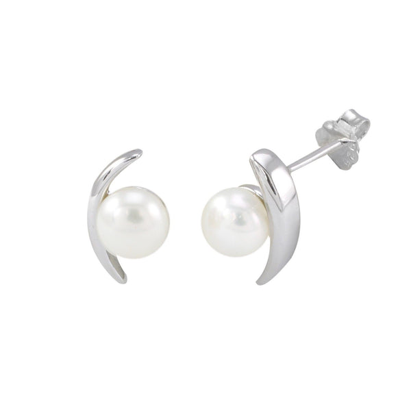 White Freshwater Pearl Earrings High Polished Curved Bar Sterling Silver - Jewelryland.com