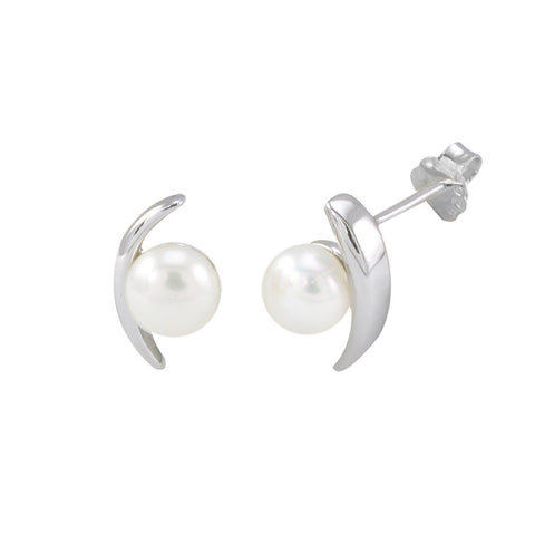 White Freshwater Pearl Earrings High Polished Curved Bar Sterling Silver - Jewelryland.com