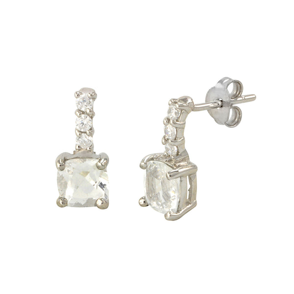 White Topaz Gemstone Stud Earrings 925 Sterling Silver CZ Row Atop Round Gem - Jewelryland.com