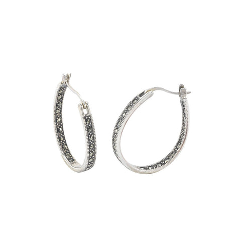 .925 Sterling Silver Marcasite Latch Hoop Earrings - 26mm - Jewelryland.com