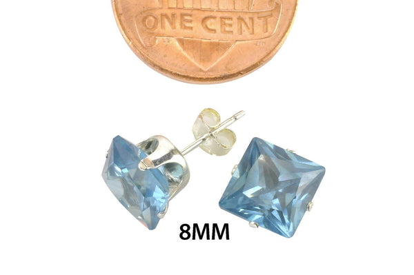 Square Aquamarine CZ March Birthstone Stud Earrings Silver Cubic Zirconia Prong - Jewelryland.com