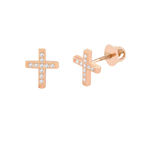 Mini Cross Screwback Earrings Rose Gold Plated Pave CZ Cubic Zirconia 9mm - Jewelryland.com