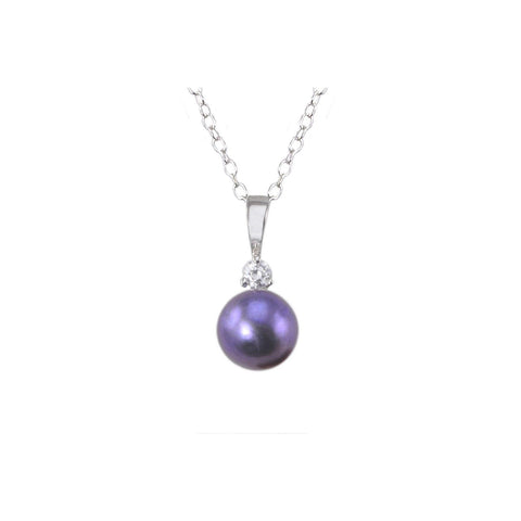 Black Pearl Pendant Necklace with White CZ .925 Sterling Silver, 18" Chain - Jewelryland.com