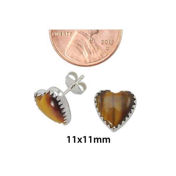 Sterling Silver Gemstone Earrings Tiger's Eye Heart-Shaped Studs 11mm - Jewelryland.com