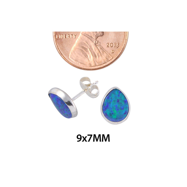 Sterling Silver Opal Gemstone Earrings Navy Blue Green Pear-Shaped 9mm x 7mm - Jewelryland.com