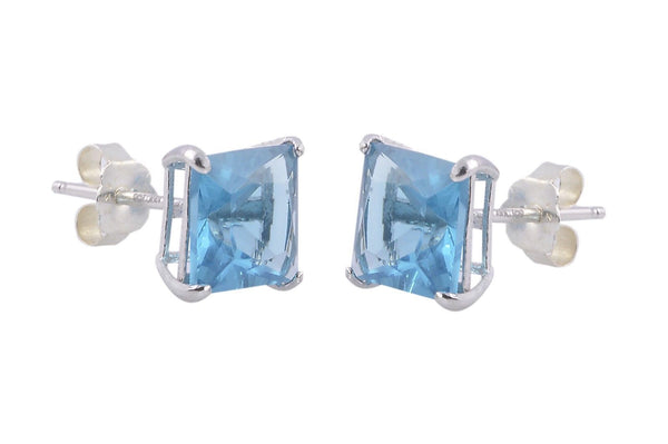 Square Blue Topaz CZ December Birthstone Stud Earrings .925 Silver Basket Set - Jewelryland.com