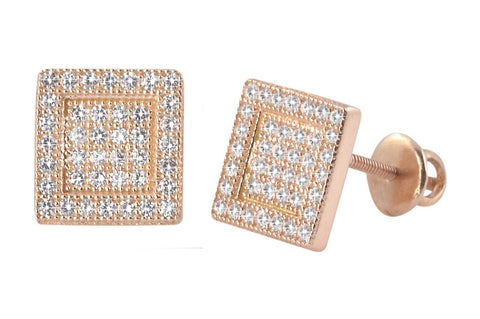 Screwback Earrings Sterling Silver Rose Gold CZ Studs Raised Border 9mm Square - Jewelryland.com
