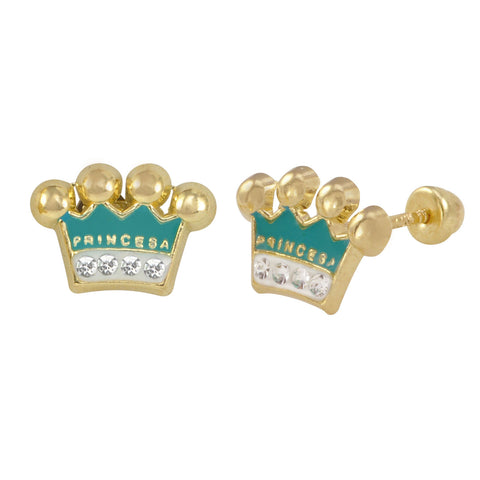 10k Yellow Gold Earrings Blue Princess Crown Studs with Screwbacks - Jewelryland.com