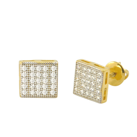 Sterling Silver Screw Back Earrings Yellow Gold Plated Pave CZ Studs 7mm Square - Jewelryland.com