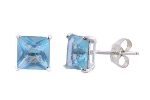 March Birthstone Earrings Square Aquamarine Studs CZ .925 Sterling Silver Basket - Jewelryland.com