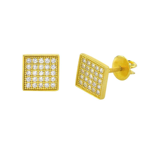 Screwback Stud Earrings .925 Sterling Silver Yellow Gold 7mm CZ Square Unisex - Jewelryland.com