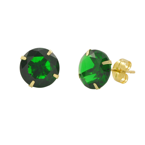 14k Yellow Gold Emerald Cubic Zirconia Stud Earrings Round Birthstone CZ - Jewelryland.com