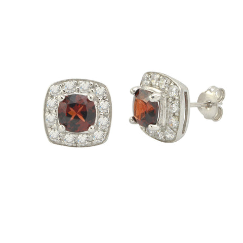 Garnet Gemstone Stud Earrings 925 Sterling Silver Square Micropave CZ Accent - Jewelryland.com