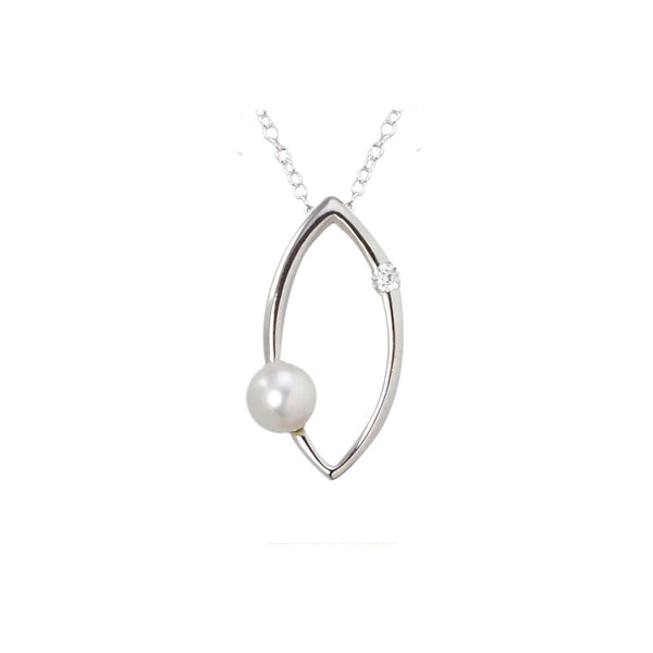 White Pearl Necklace Pointed Oval Design White CZ 925 Sterling Silver, 18" Chain - Jewelryland.com