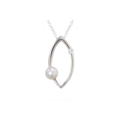 White Pearl Necklace Pointed Oval Design White CZ 925 Sterling Silver, 18" Chain - Jewelryland.com