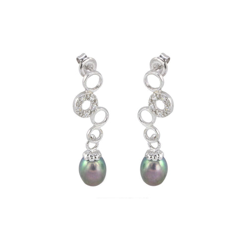 Black Pearl Earrings with 4 Circles White CZ .925 Sterling Silver - Jewelryland.com