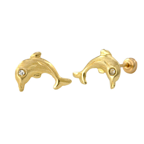 Dolphin with CZ Eyes Stud Earrings 10k Yellow Gold with Screwbacks 9x7 - Jewelryland.com