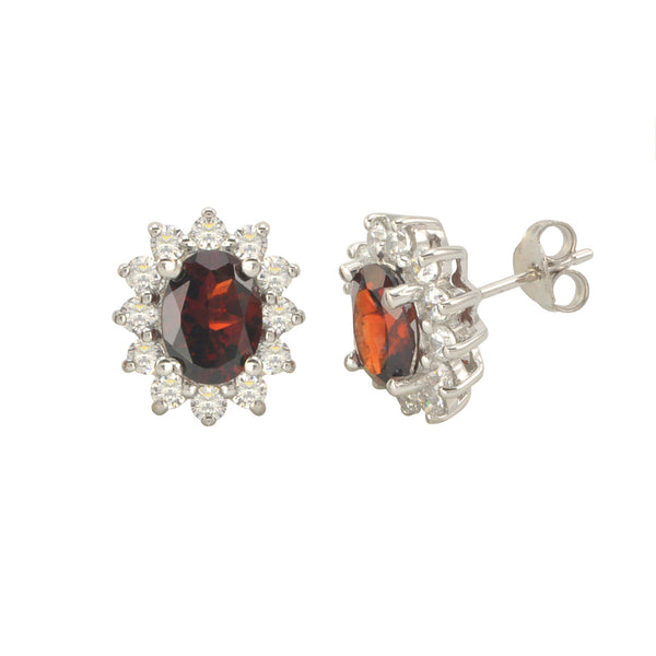Garnet Gemstone Flower Stud Earrings Sterling Silver Micropave CZ Accent - Jewelryland.com