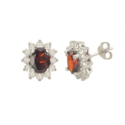 Garnet Gemstone Flower Stud Earrings Sterling Silver Micropave CZ Accent - Jewelryland.com