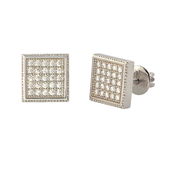 Sterling Silver Screw Back Earrings Pave Cubic Zirconia CZ Studs 8mm Square - Jewelryland.com