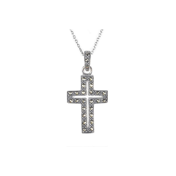 Marcasite Necklace 26mm Cross 18" Chain .925 Sterling Silver - Jewelryland.com