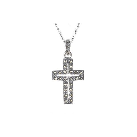 Marcasite Necklace 26mm Cross 18" Chain .925 Sterling Silver - Jewelryland.com