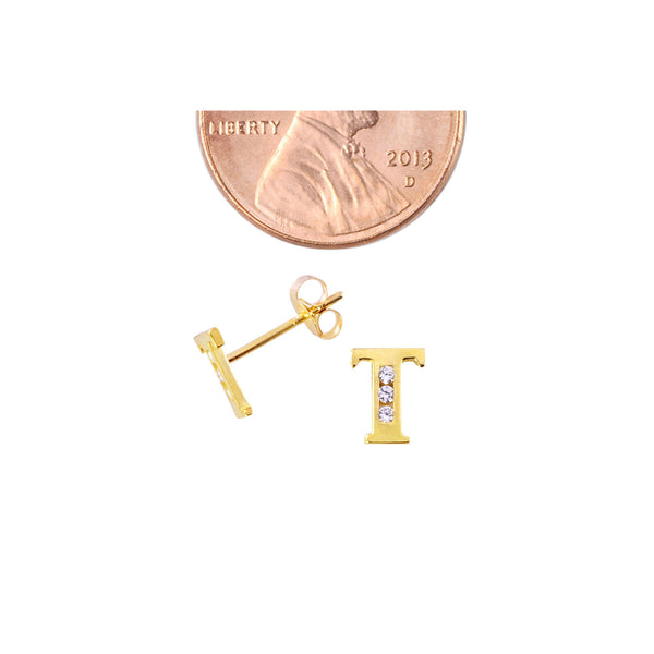 10k Yellow Gold Letter T Initial Stud Earrings Cubic Zirconia 7mm - Jewelryland.com