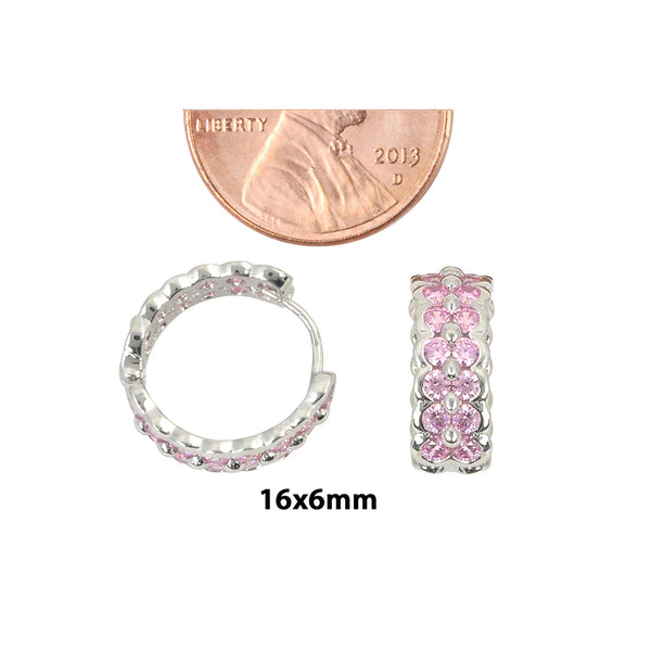 Sterling Silver Huggie Hoop Earrings 2 Row Pink CZ 16mm x 6mm - Jewelryland.com
