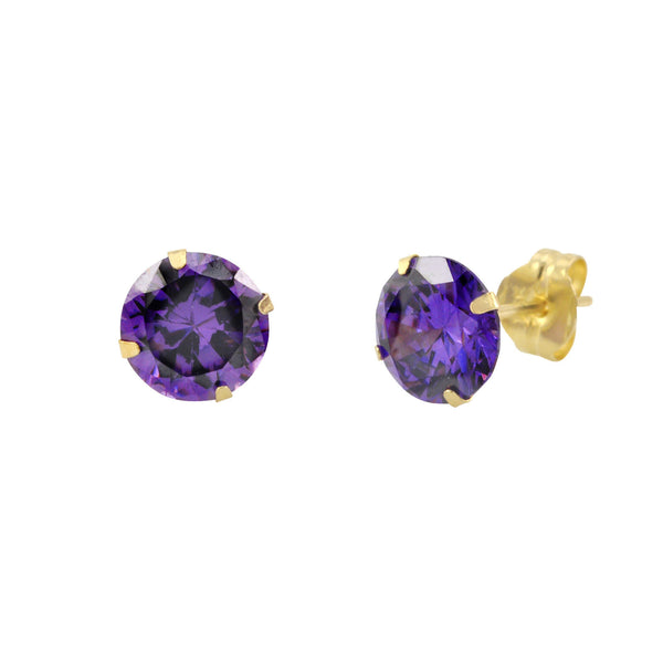 14k Yellow Gold Purple Amethyst Cubic Zirconia Stud Earrings Round Birthstone CZ - Jewelryland.com